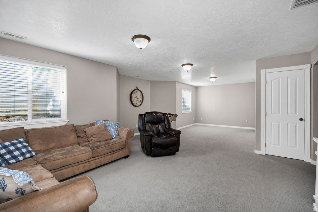 Spacious room with grey wall paint and light grey carpeting