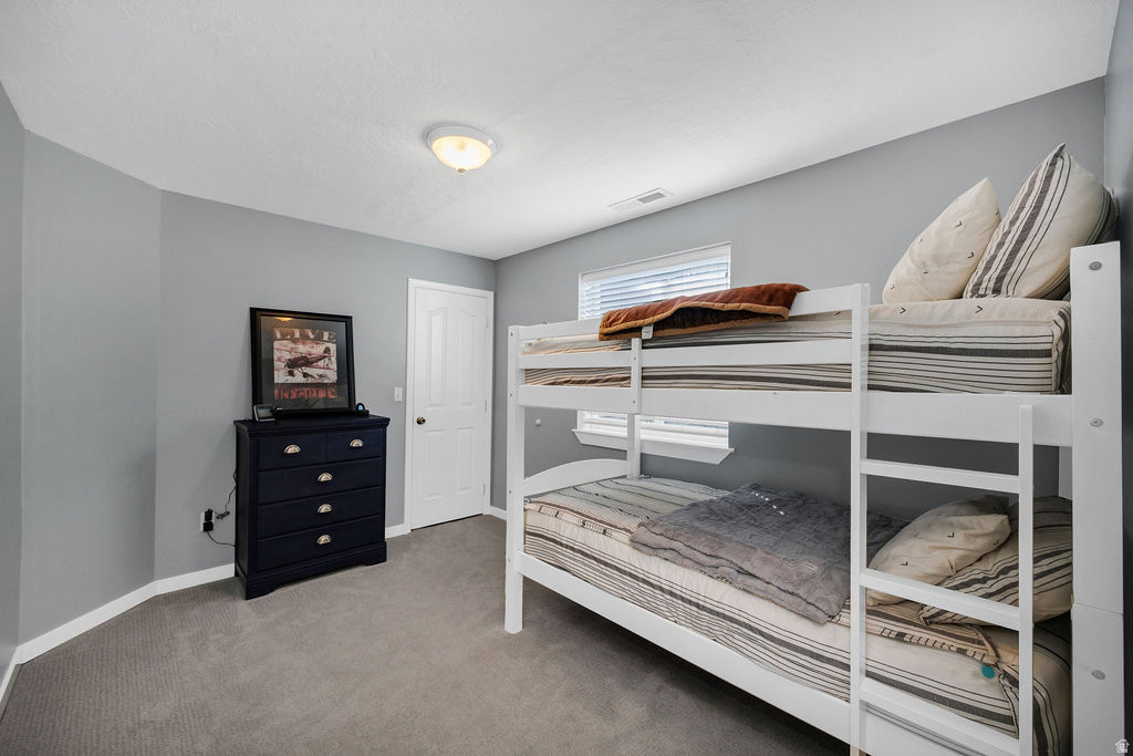 Room featuring neutral gray walls and soft gray carpeting