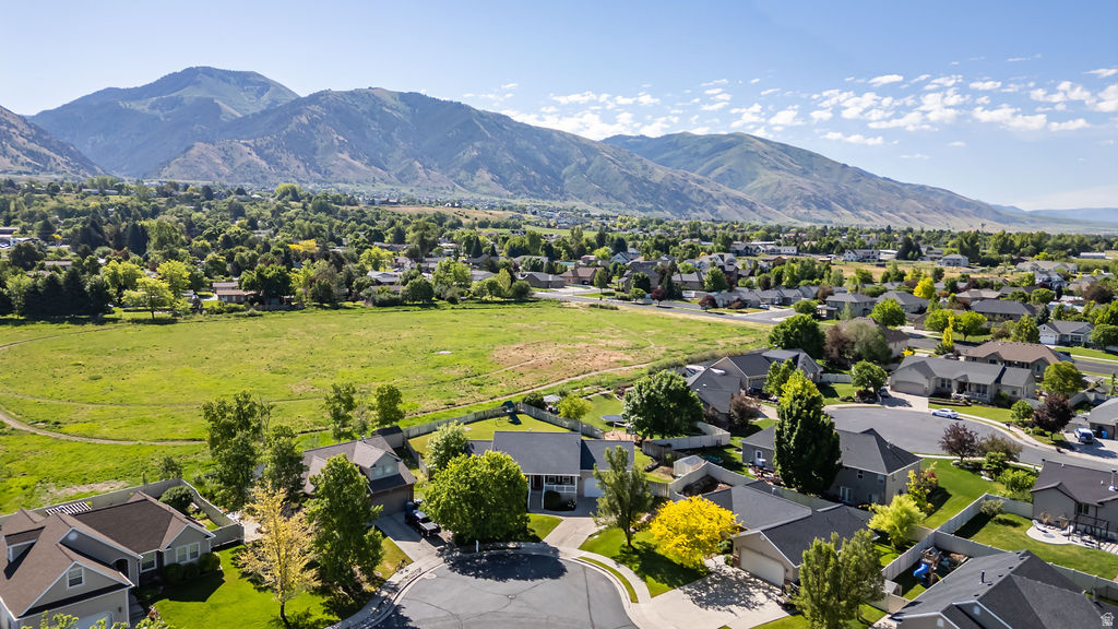 Aerial perspective showcasing a residential community with varied home styles and mature landscaping