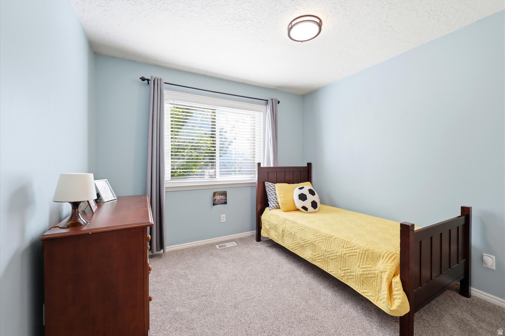 Light blue painted walls with white trim, gray carpet, and a white textured ceiling
