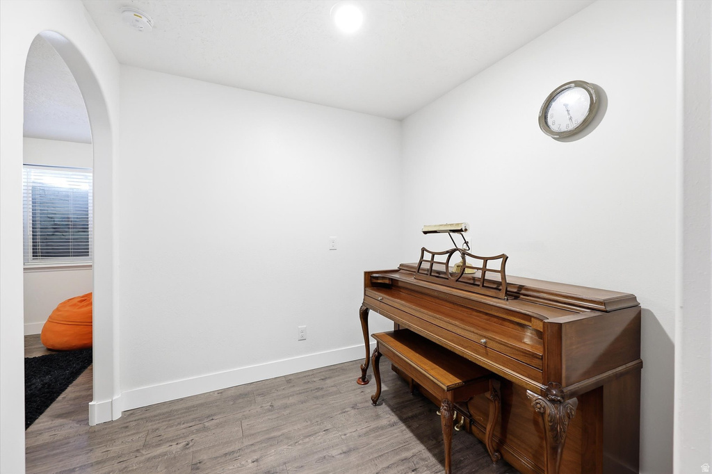 Archway entry to a room with wood-finish flooring