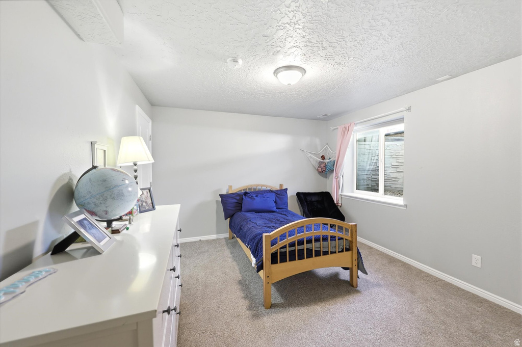 Carpeted interior room featuring light gray walls, a textured white ceiling, a white baseboard, a double-pane window with white trim, and a semi-flush mount ceiling light fixture