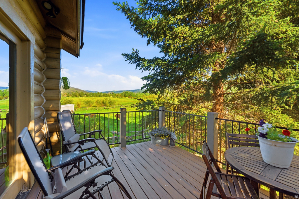 Spacious outdoor deck featuring wood-finish decking and a black metal railing