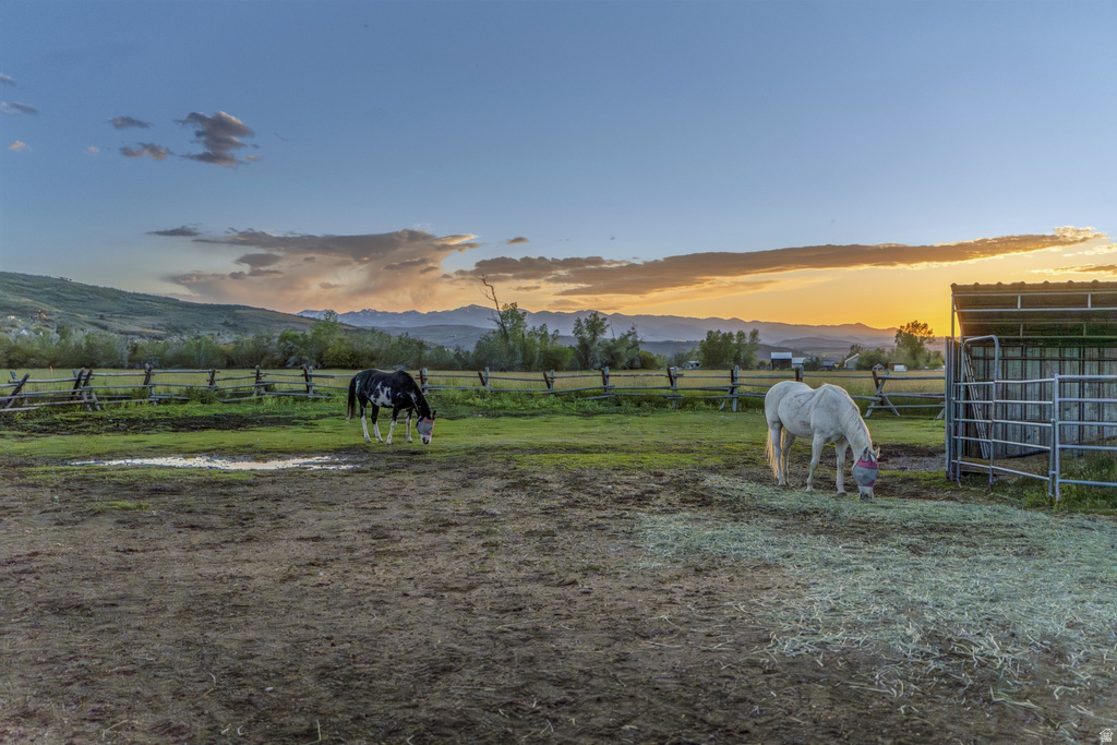 Expansive pastureland with a partial wood-rail fence and a metal livestock shelter