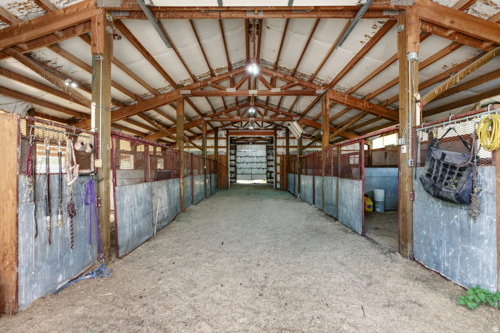 Barn interior featuring multiple stalls with metal and wood partitions