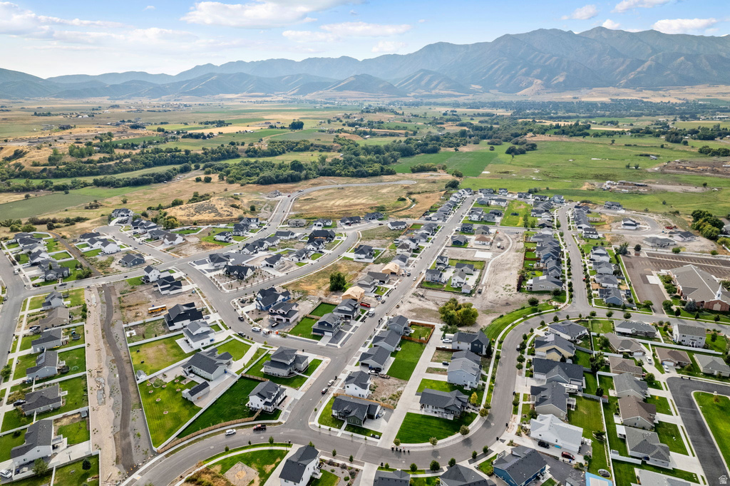 Aerial perspective showcasing a new residential development with distinct housing styles, paved streets, and manicured lawns
