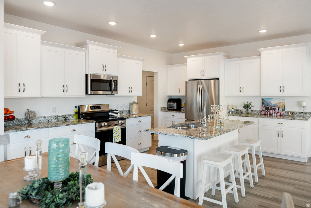 Bright kitchen featuring white shaker cabinetry, granite countertops, stainless steel appliances, a center island with a sink and bar seating, and wood-finish flooring