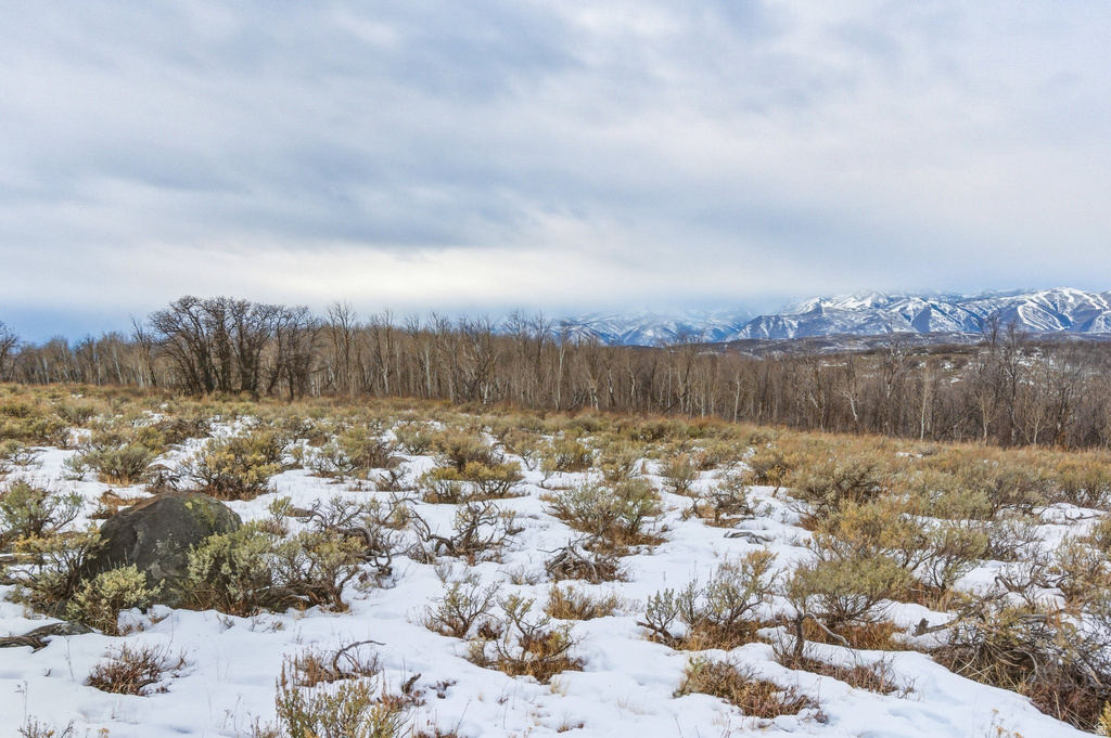 Expansive snow-dusted landscape featuring low-lying vegetation and a large boulder in the foreground