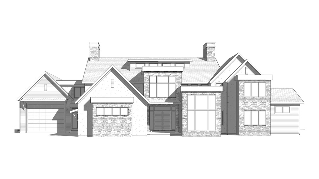 Architectural Rendering. Front elevation of the property, depicting design elements and material applications