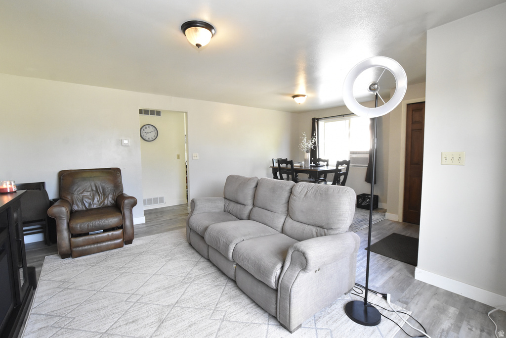 Living area featuring light gray wall paint, wood-finish flooring, and two ceiling-mounted dome light fixtures