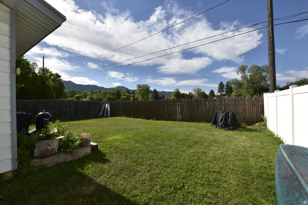 Expansive grassy backyard featuring wood fencing and a white vinyl privacy fence