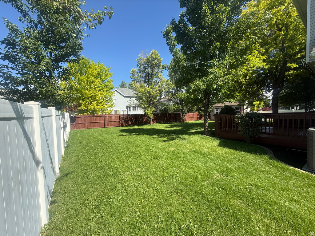 Expansive backyard featuring a lush lawn, mature trees, a multi-tone privacy fence, and a wood-finish deck