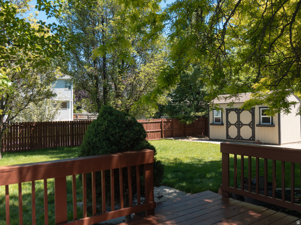 Expansive backyard featuring a wood deck, manicured lawn, and mature trees