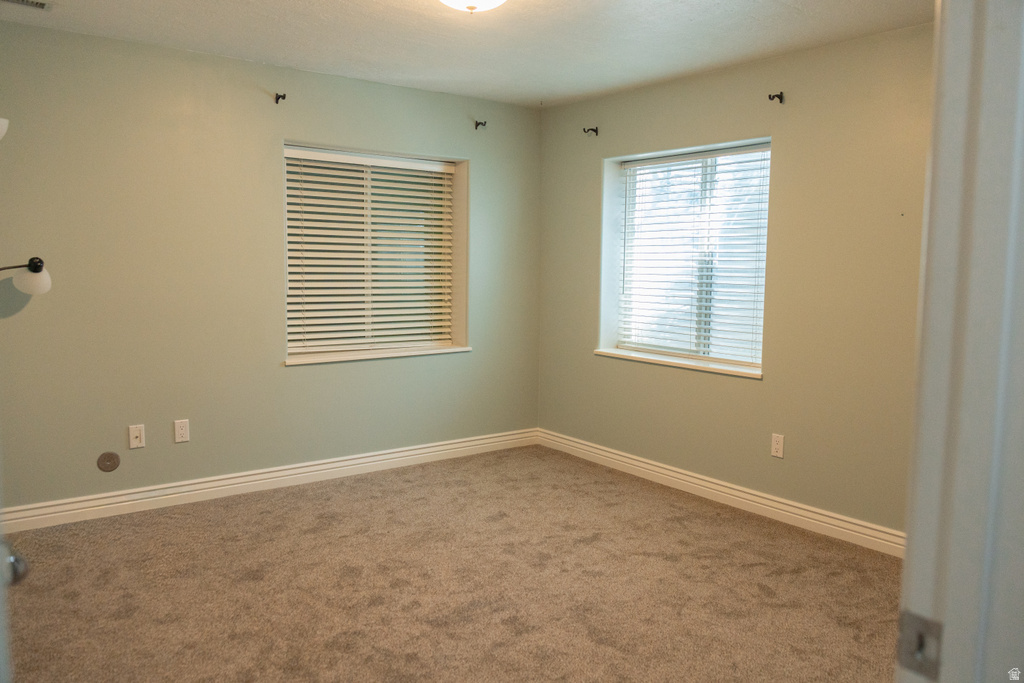 Neutral wall paint, two windows with blinds, light-colored carpeting, and white trim