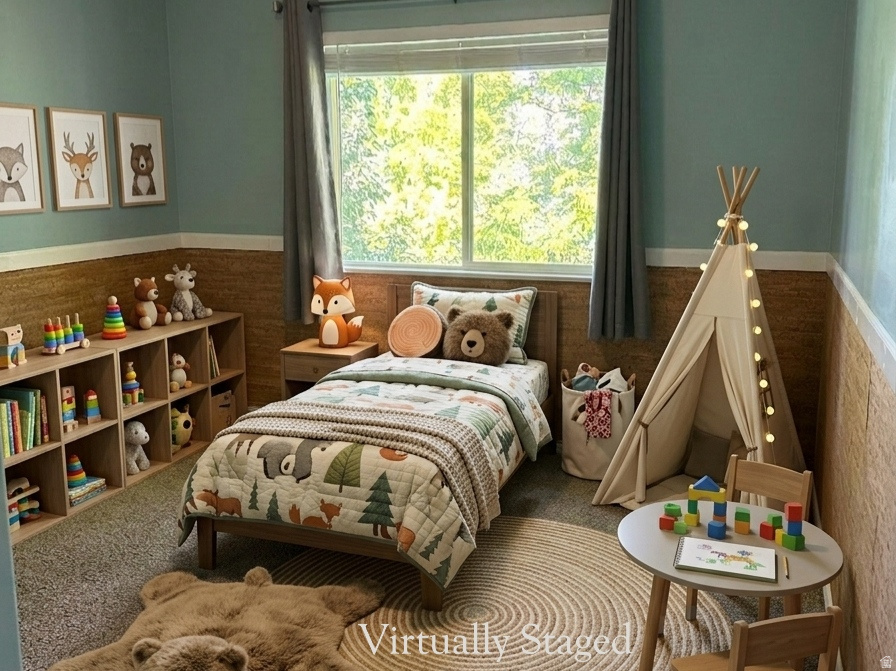 Bedroom featuring a window with abundant natural light, a neutral ceiling fan with integrated lighting, textured wall paneling, and built-in shelving