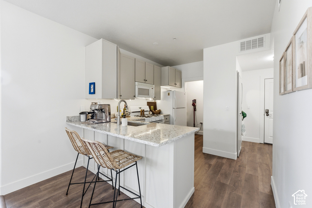 Kitchen featuring a granite countertop island with breakfast bar seating, light-toned cabinetry, stainless steel sink with a gooseneck faucet, and wood-finish flooring