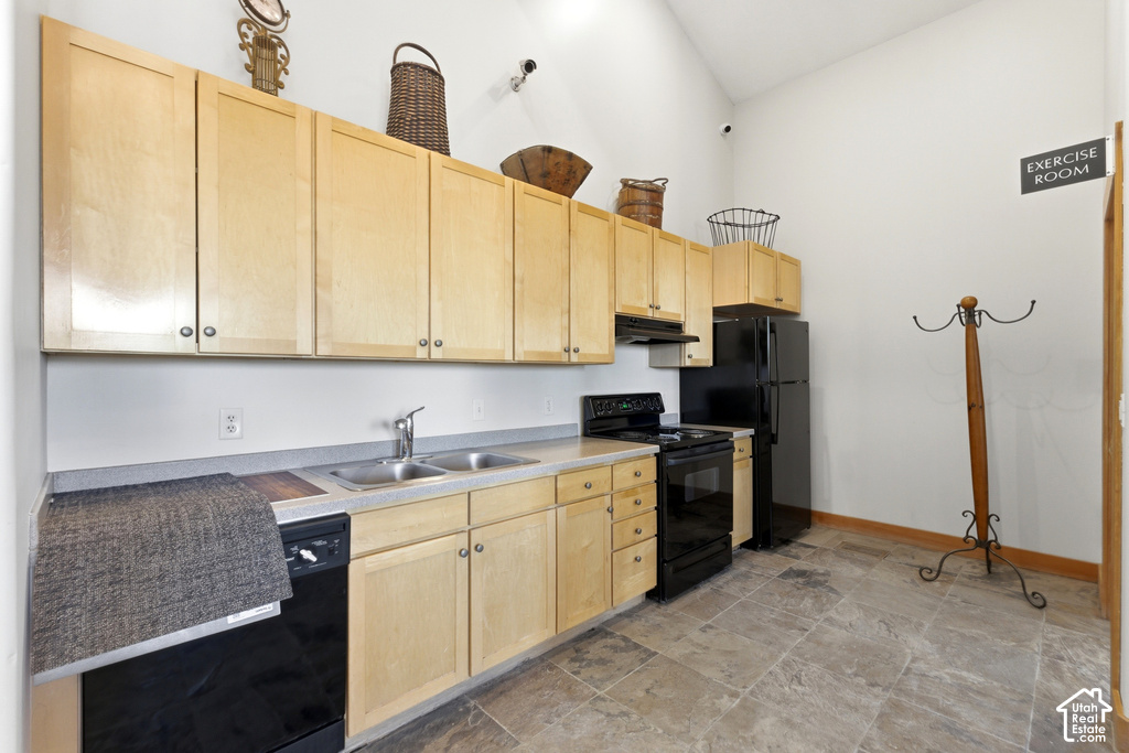 Kitchenette featuring light wood-finish cabinetry, a double basin stainless steel sink, black appliances, and a vaulted ceiling