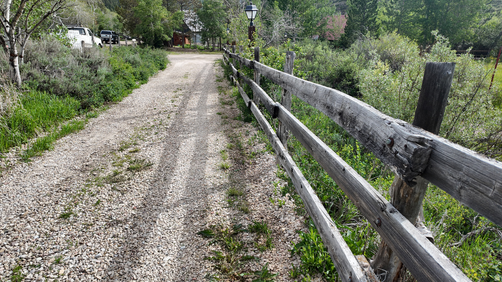 Gravel driveway bordered by a split-rail fence and abundant natural landscaping