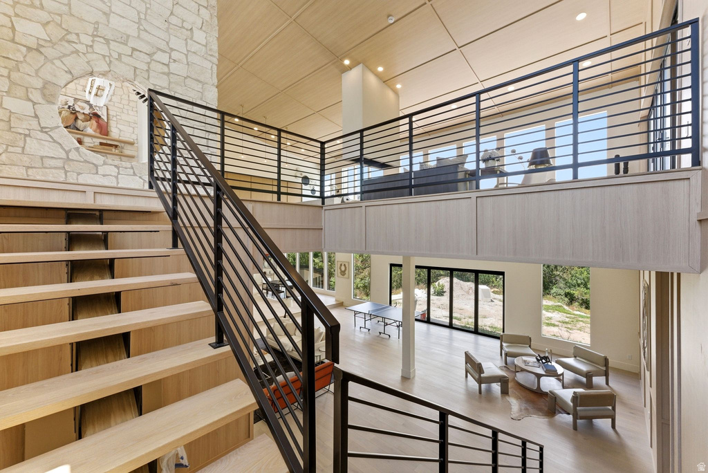Vaulted tongue-and-groove ceiling with integrated lighting
