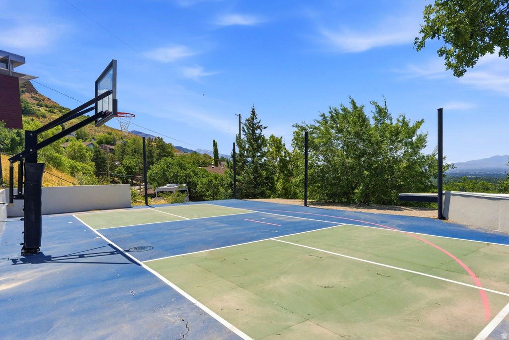 Multi-sport court featuring blue and green surfacing with white line markings