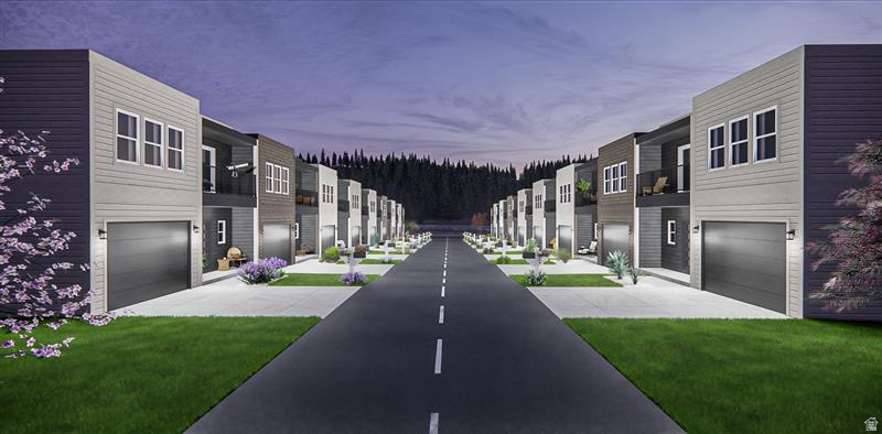 Contemporary townhome development featuring a row of multi-story residences