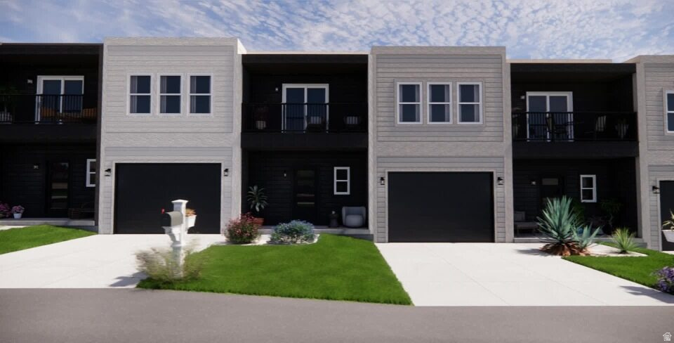 Contemporary townhome exterior featuring light gray horizontal siding and dark contrasting panels
