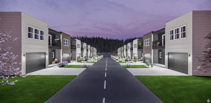 Contemporary townhome development featuring a paved private street