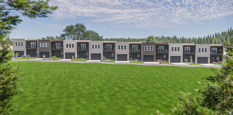 Contemporary townhomes featuring a multi-tone facade, individual garage access, private balconies, and landscaped entryways