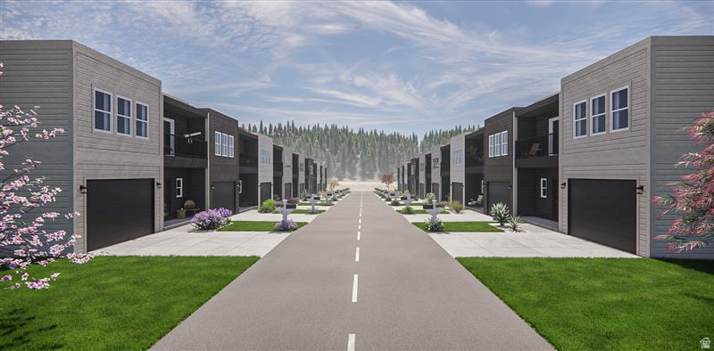 Modern townhome community featuring two-story residences with attached garages, light gray and dark gray facades, and contemporary landscaping