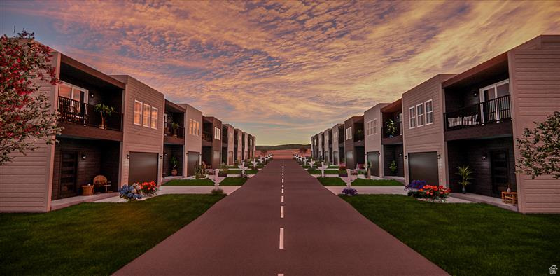 Modern townhome community featuring two-story residences with integrated garages