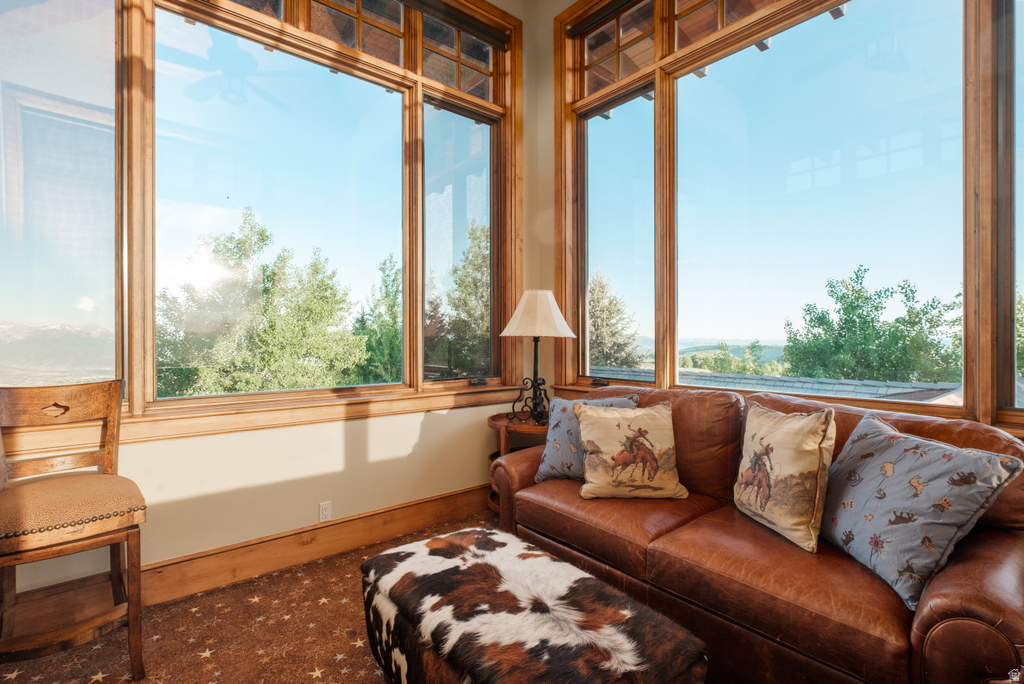 Expansive windows with detailed wood framing, offering abundant natural light