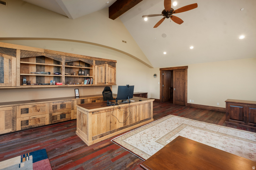 Vaulted ceiling office space featuring extensive built-in custom wood cabinetry and desk, wood-finish flooring, a ceiling fan, and recessed lighting