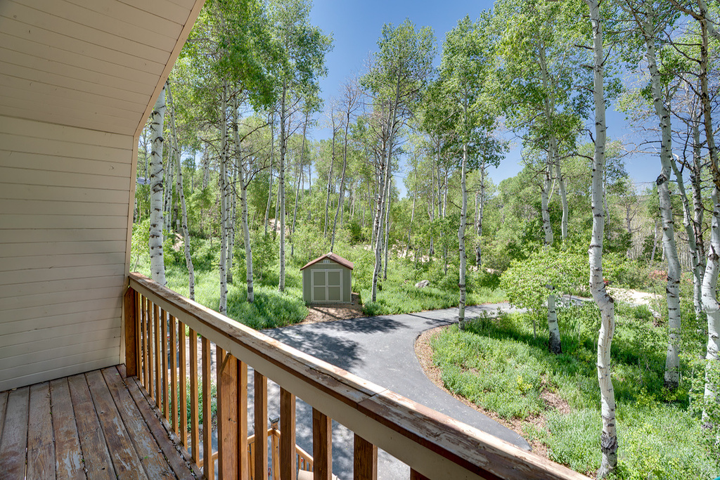 Wood-finish deck with a natural wood railing overlooking a paved pathway, a storage shed, and mature trees