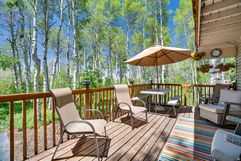 Expansive wood deck with a full wooden railing and post caps