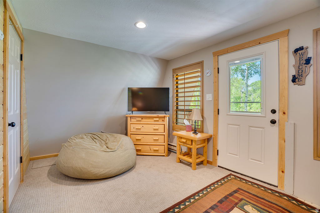Light-colored wall-to-wall carpeting throughout the space