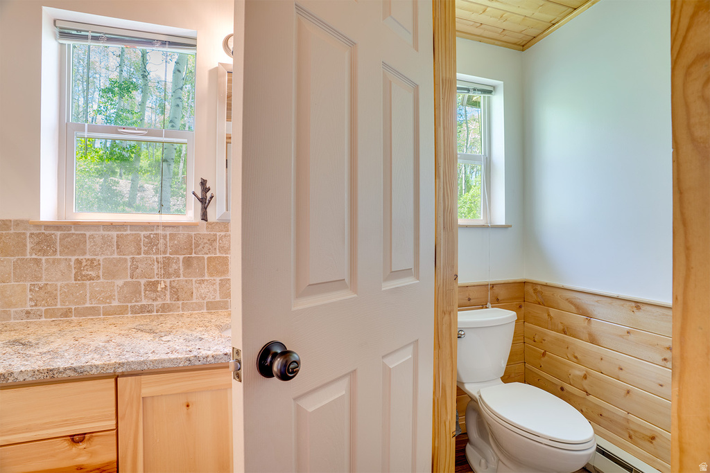 White paneled door with a dark bronze knob, opening into a room featuring a window with a natural backdrop, a toilet, and light wood plank wainscoting