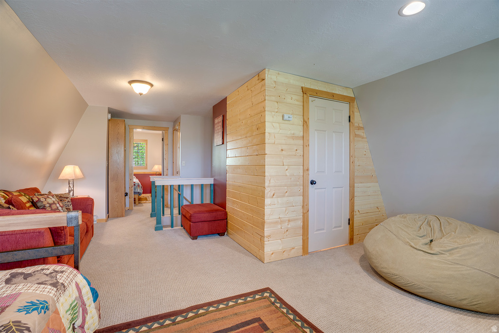 Carpeted loft area featuring sloped ceilings, a recessed ceiling light, and a horizontal wood-paneled wall with a white paneled door