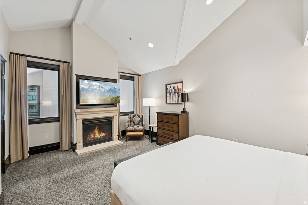 Room featuring a fireplace with stone mantel, built-in television, vaulted ceilings, recessed lighting, and dark-trimmed windows with privacy drapes