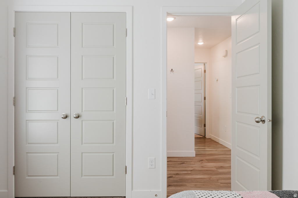 Bright interior hallway featuring white walls, wood-finish flooring, recessed lighting, and modern four-panel doors