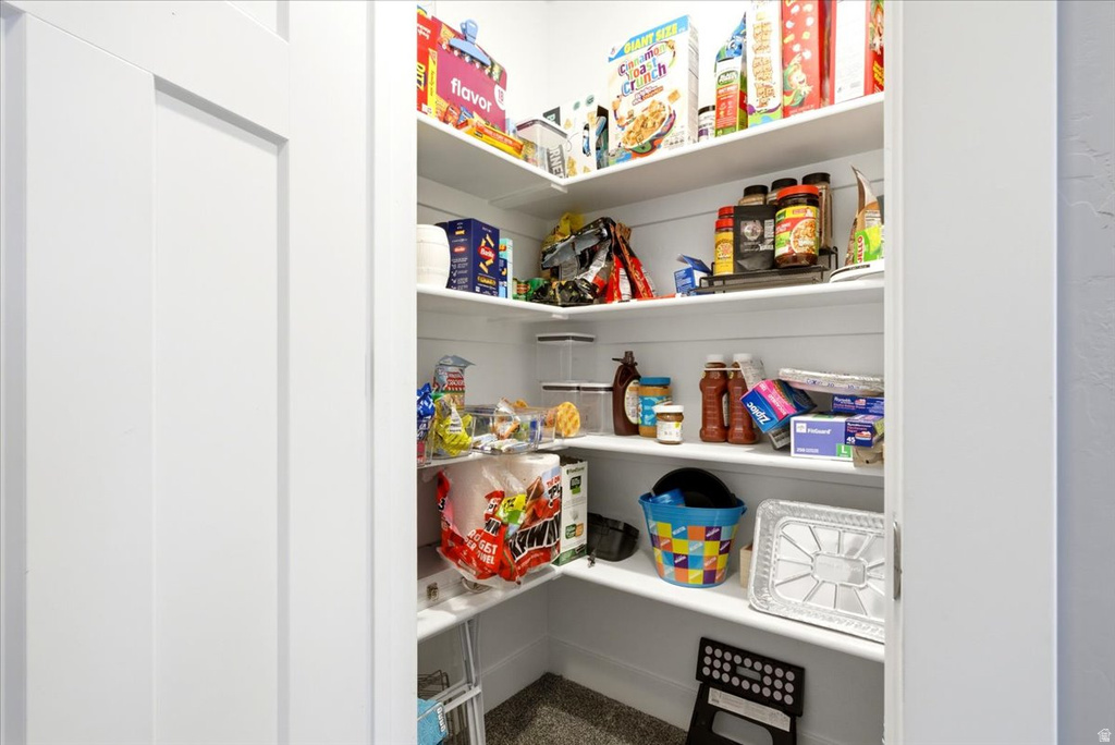 Walk-in pantry featuring white shelving, light-colored walls, and carpet flooring