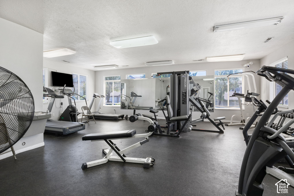 Fitness room featuring extensive exercise equipment, rubber flooring, mirrored walls, and multiple windows with horizontal blinds