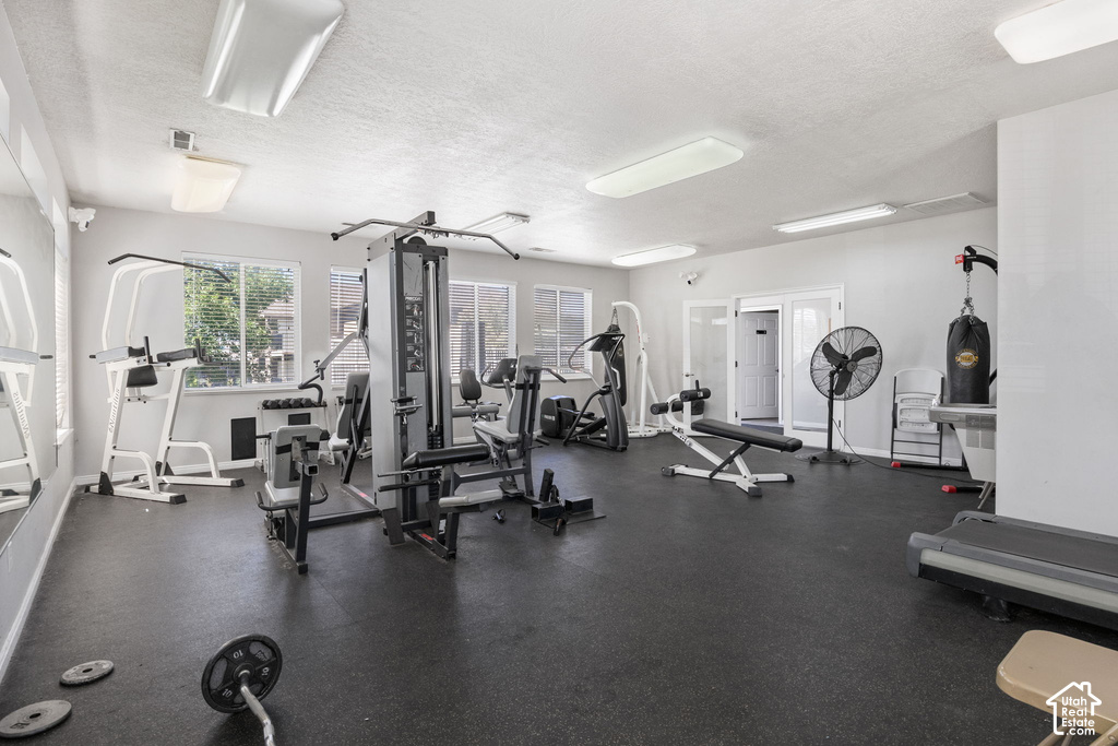 Dedicated fitness area featuring durable rubber flooring, multiple windows providing natural light, overhead fluorescent lighting, and a mirrored wall
