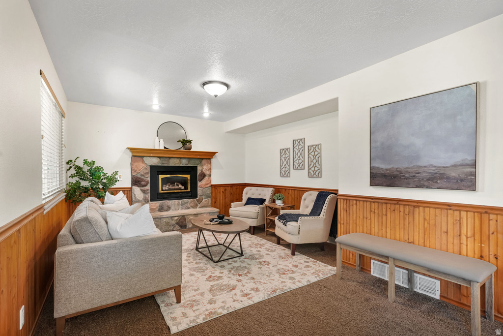 Living area featuring a stone fireplace with a wood mantle, wood-panel wainscoting, recessed lighting, and a ceiling-mounted fixture