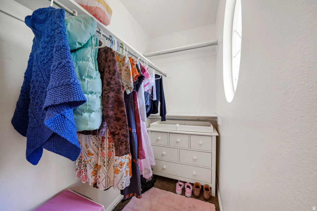 Closet space featuring a built-in hanging rod, upper shelf, and an oval window