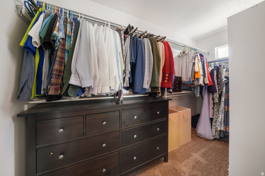 Carpeted closet space featuring extensive hanging rods, upper shelving, and a small window for natural light