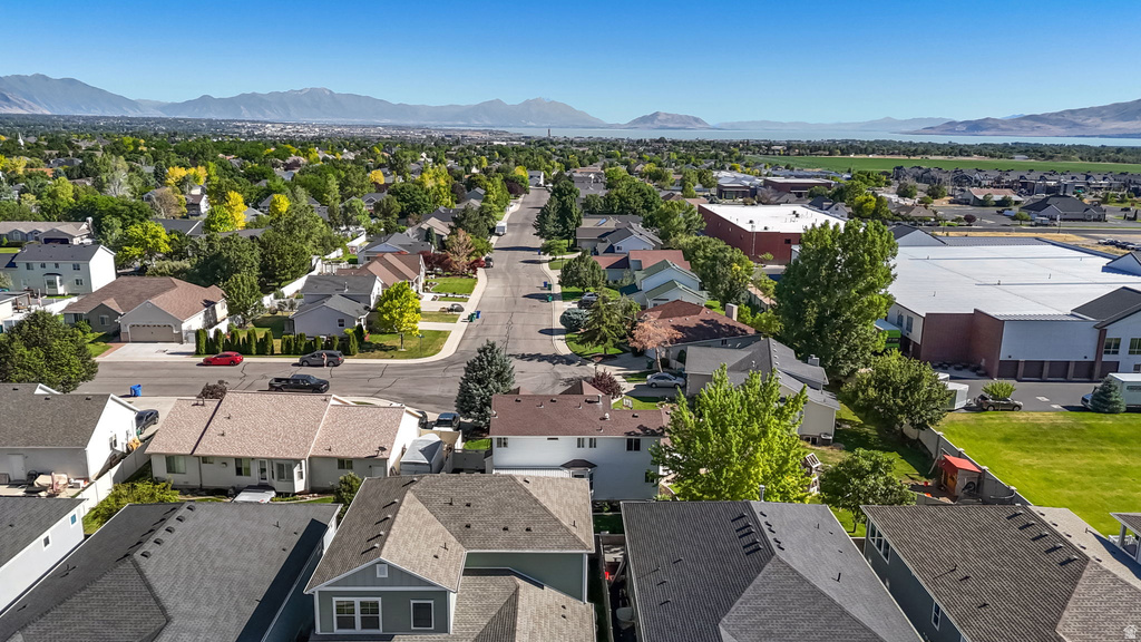Aerial perspective showcasing a residential neighborhood with diverse housing styles, mature trees, and paved streets