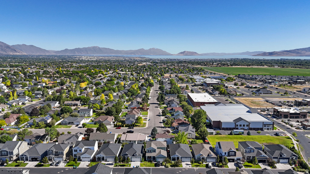 Aerial perspective of a residential community with established trees and mountain backdrop