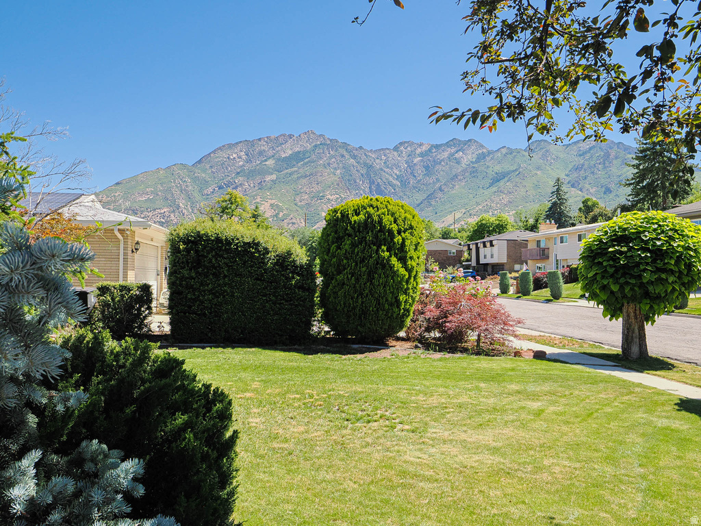 Expansive front lawn with mature landscaping, a concrete sidewalk, and a street view of residential architecture, all set against a prominent mountain backdrop