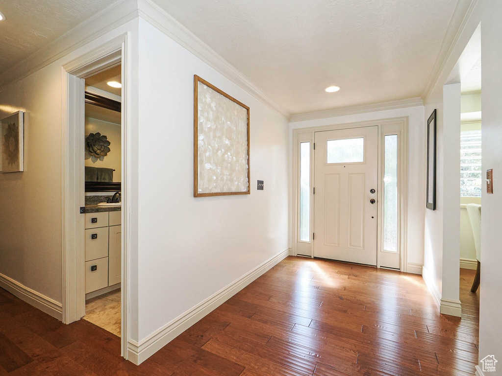 Entryway featuring a white paneled door with frosted glass sidelights and transom window, wood-finish flooring, and crown molding