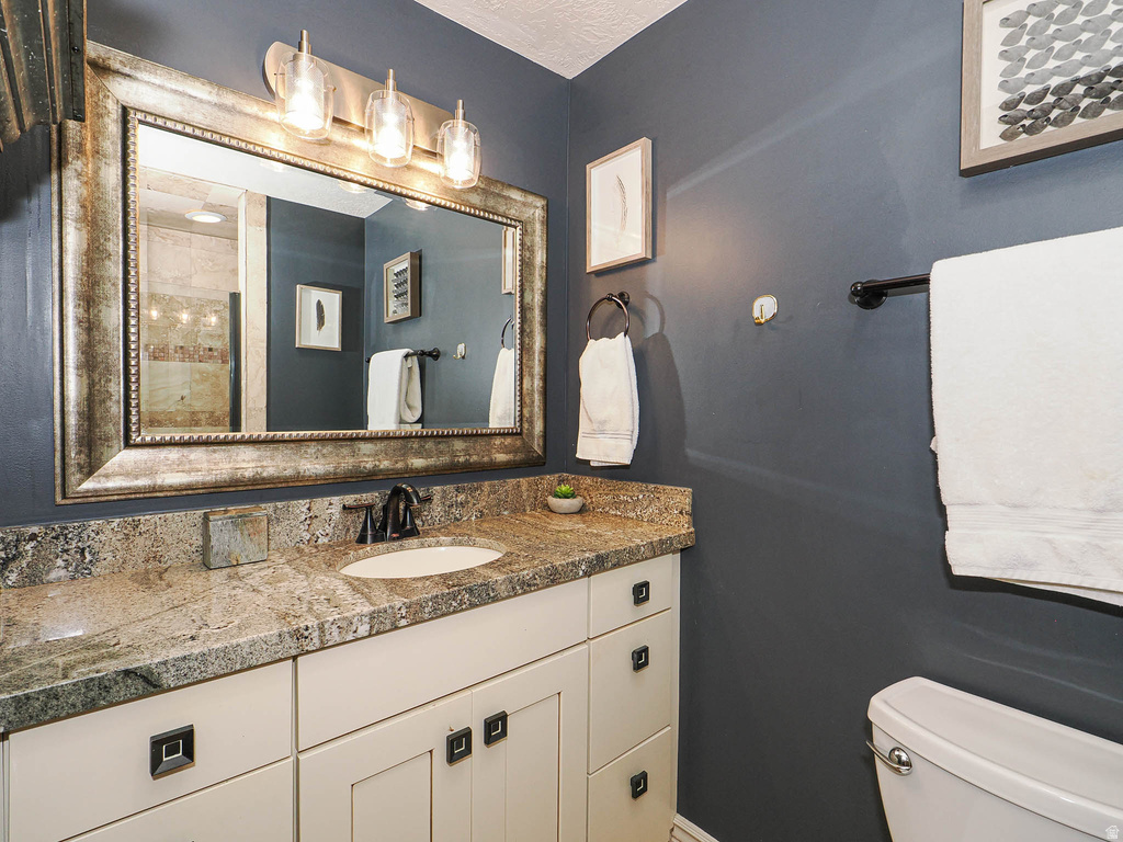 Bathroom vanity featuring a large framed mirror with overhead lighting, a single basin sink, a dark-finish faucet, and a stone-finish countertop